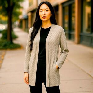 Chico's Easywear Textured Open-Front Cardigan in Beige and Gold 3 16 XL